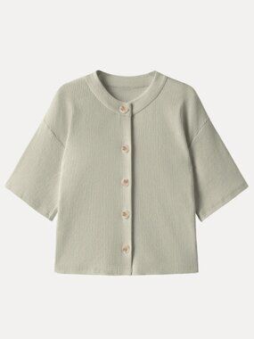 Stretch Cotton Textured Button-Up Elbow Sleeve Cardigan